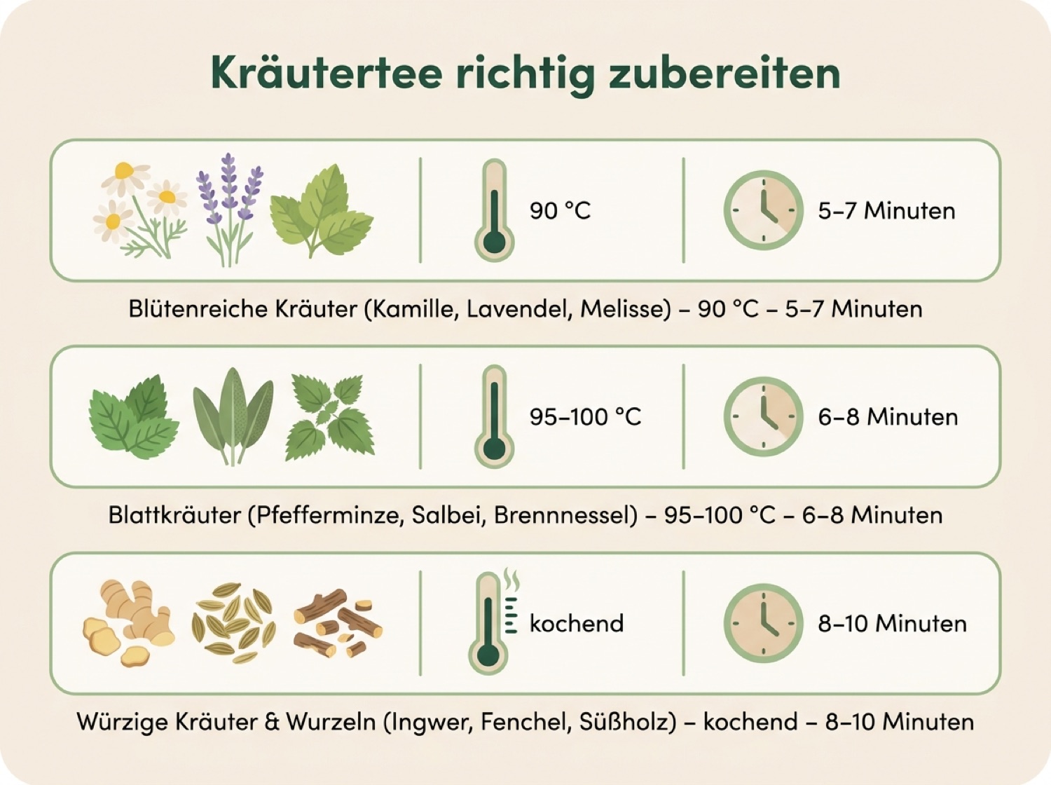 Infografik zu Wassertemperatur und Ziehzeit verschiedener Kräutertee-Gruppen