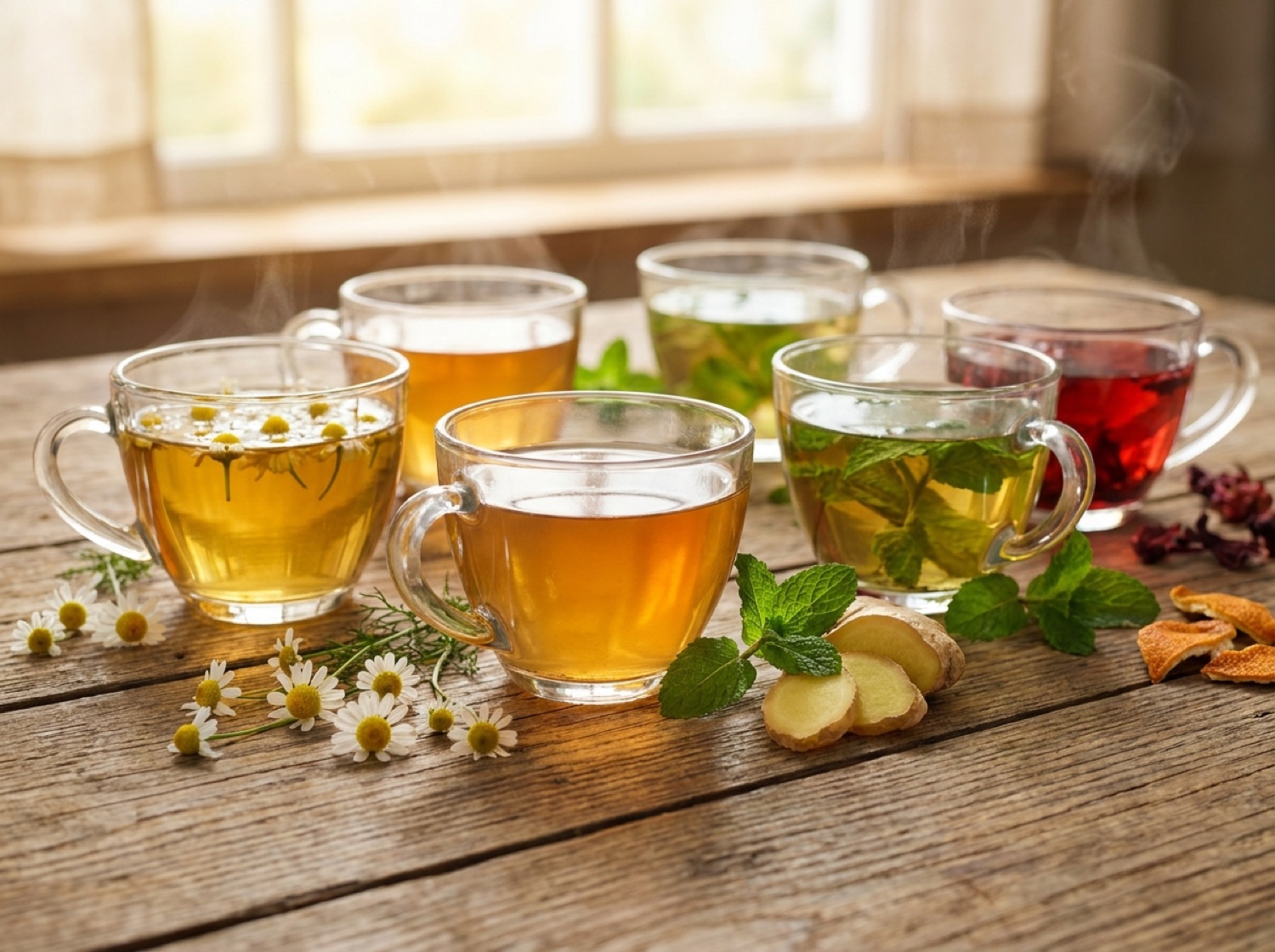 Verschiedene Kräutertee-Sorten in Teegläsern mit frischen Kräutern daneben